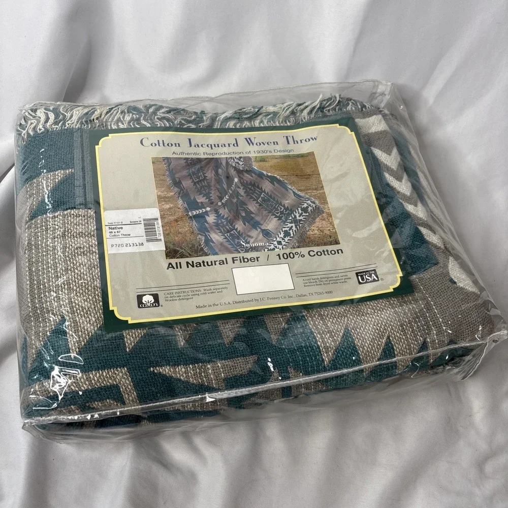 Sonoma Cotton Jacquard Woven‎ Throw NATIVE Blanket 46x67 Green Beige USA NEW